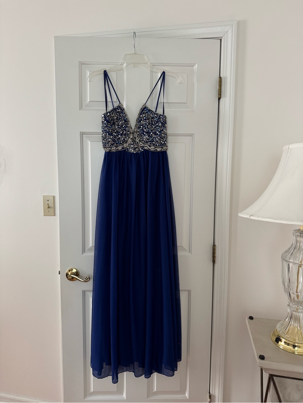 My Michelle Navy Blue Beaded Spaghetti-Strap Prom Dress